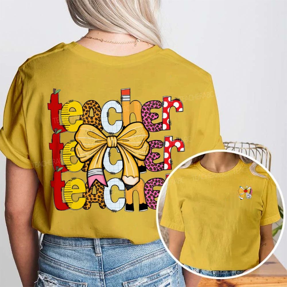 Personalized Name Teacher Bows And Colorful Leopard Print Font Double Printed T-shirt