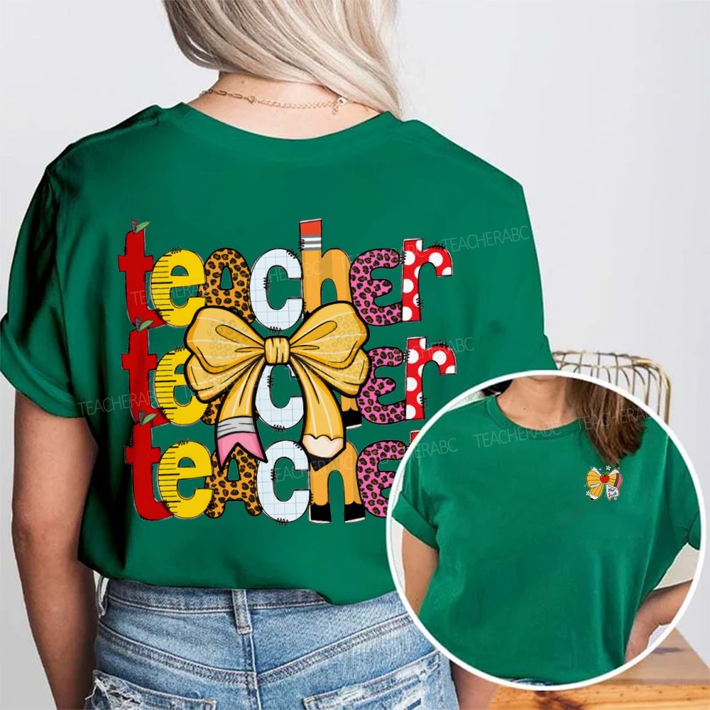 Personalized Name Teacher Bows And Colorful Leopard Print Font Double Printed T-shirt