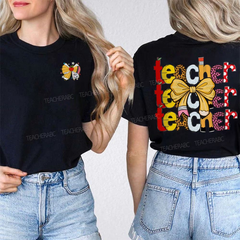 Personalized Name Teacher Bows And Colorful Leopard Print Font Double Printed T-shirt