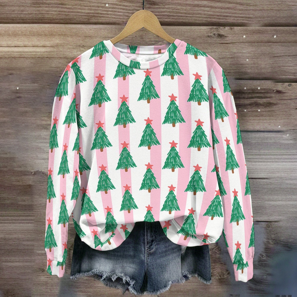 Christmas Pink Striped Christmas Tree Sweatshirt