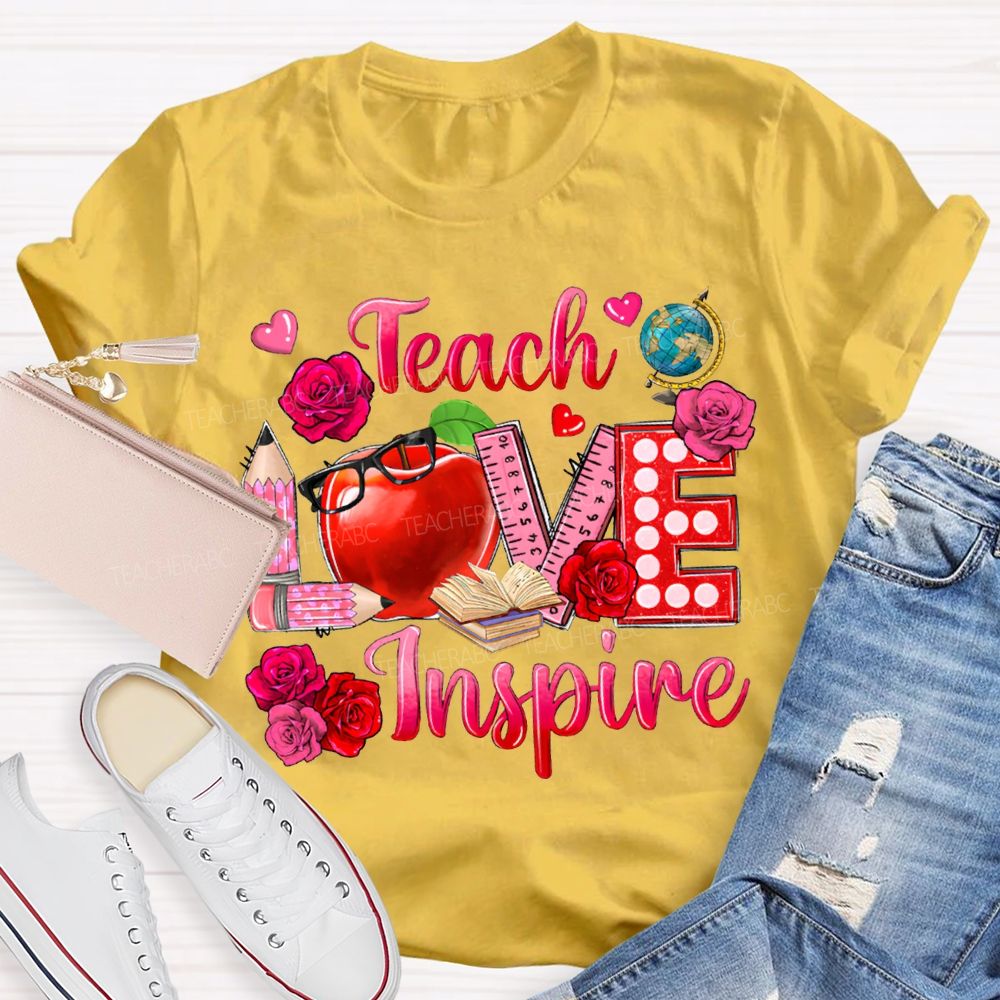 Teach Love Inspire Rose And Apple Print T-shirt