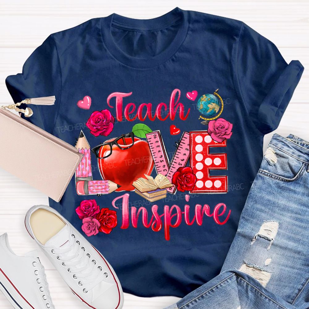 Teach Love Inspire Rose And Apple Print T-shirt