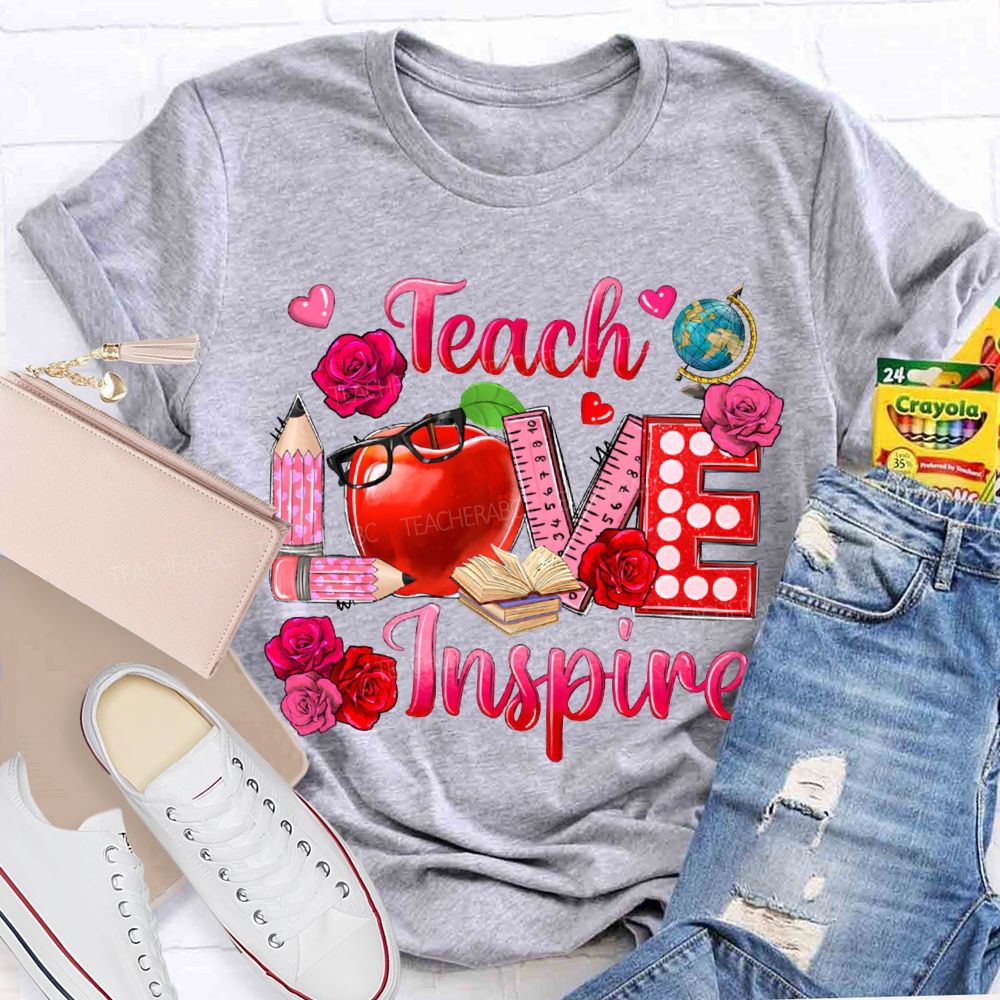Teach Love Inspire Rose And Apple Print T-shirt