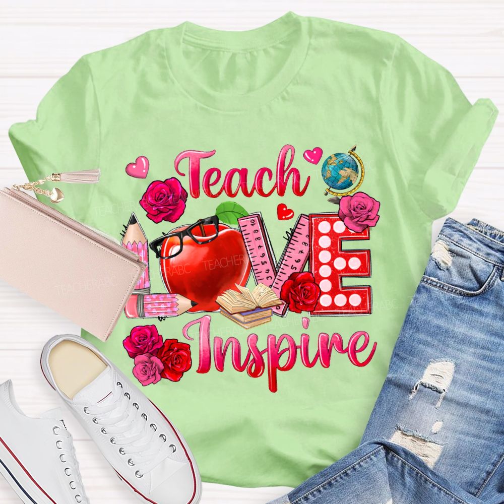 Teach Love Inspire Rose And Apple Print T-shirt