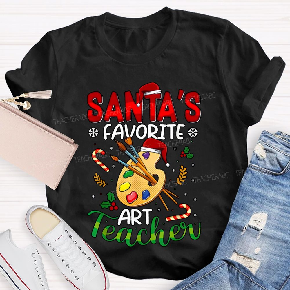 Santa'S Favorite Art Teacher Colored Dye Palette Merry Christmas T-shirt