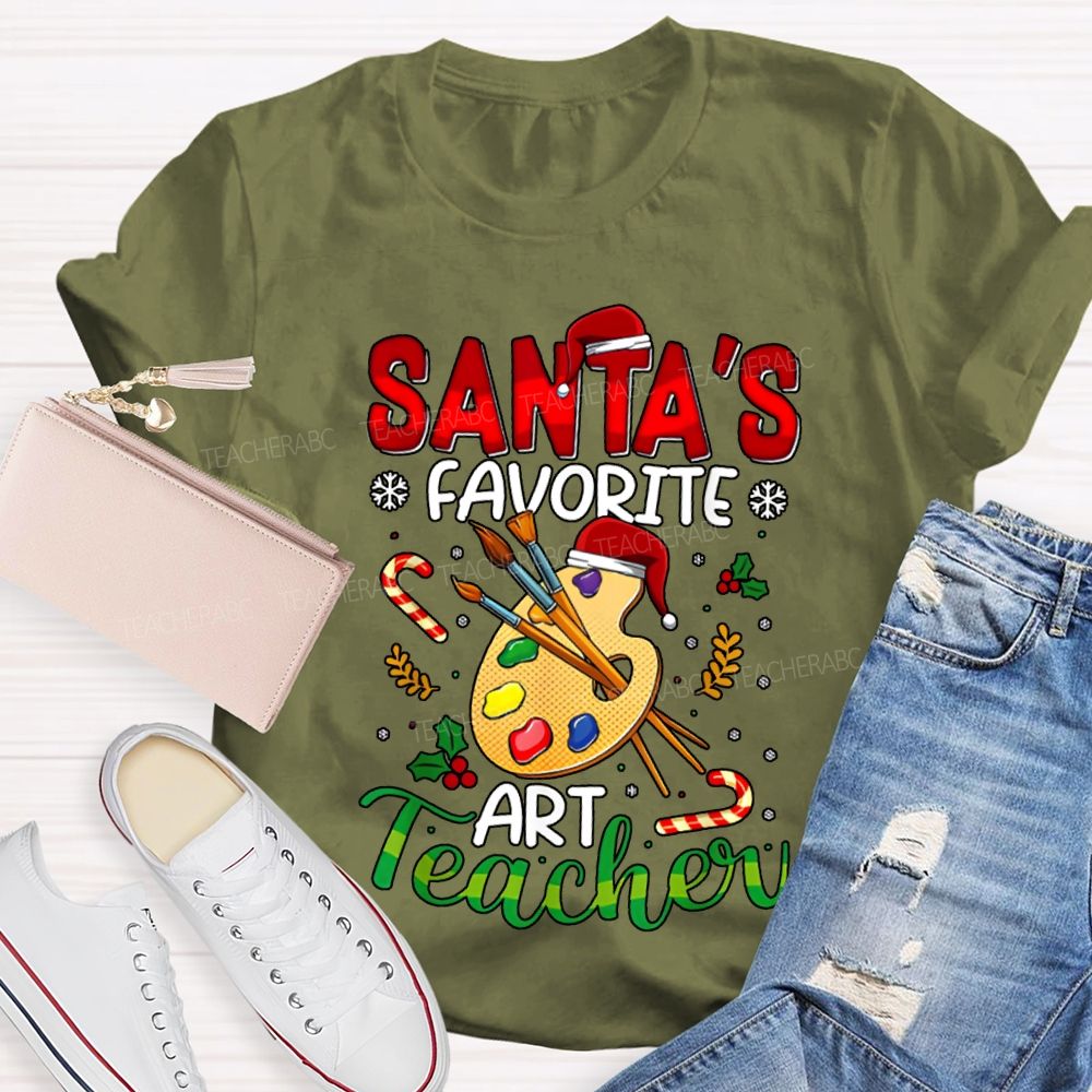 Santa'S Favorite Art Teacher Colored Dye Palette Merry Christmas T-shirt