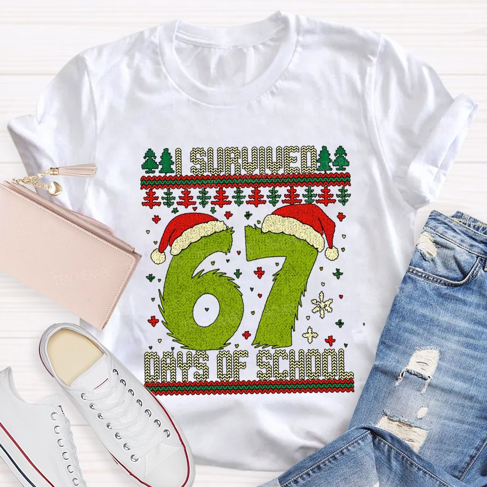 I Survived  67 Days Of School Santa Hats And Christmas Trees T-shirt