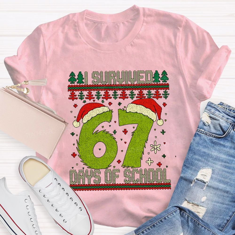 I Survived  67 Days Of School Santa Hats And Christmas Trees T-shirt