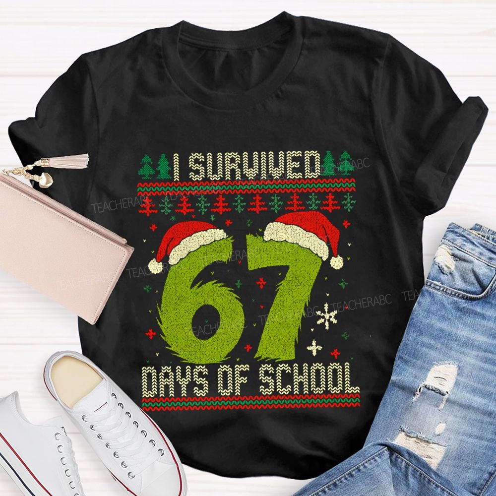 I Survived  67 Days Of School Santa Hats And Christmas Trees T-shirt