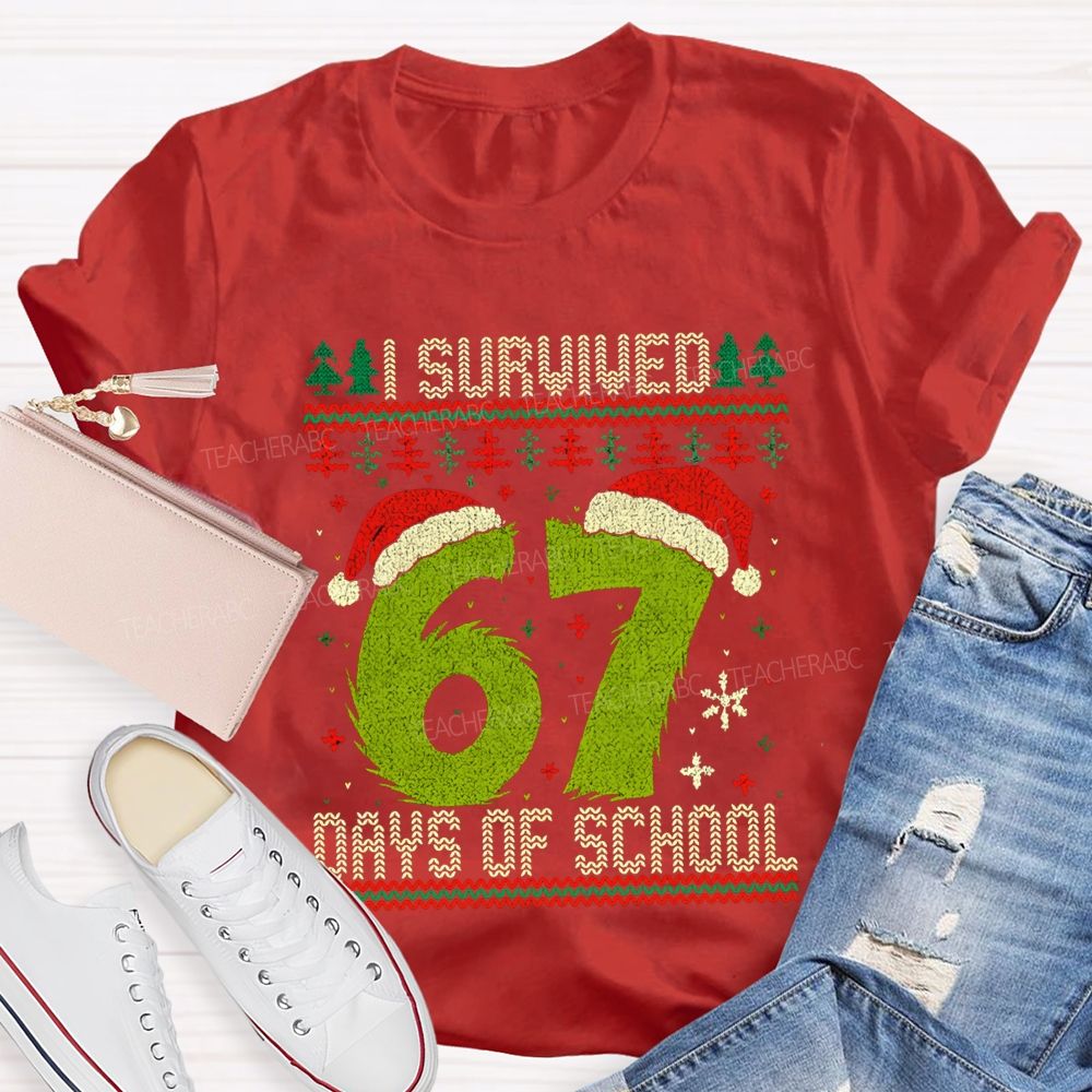 I Survived  67 Days Of School Santa Hats And Christmas Trees T-shirt
