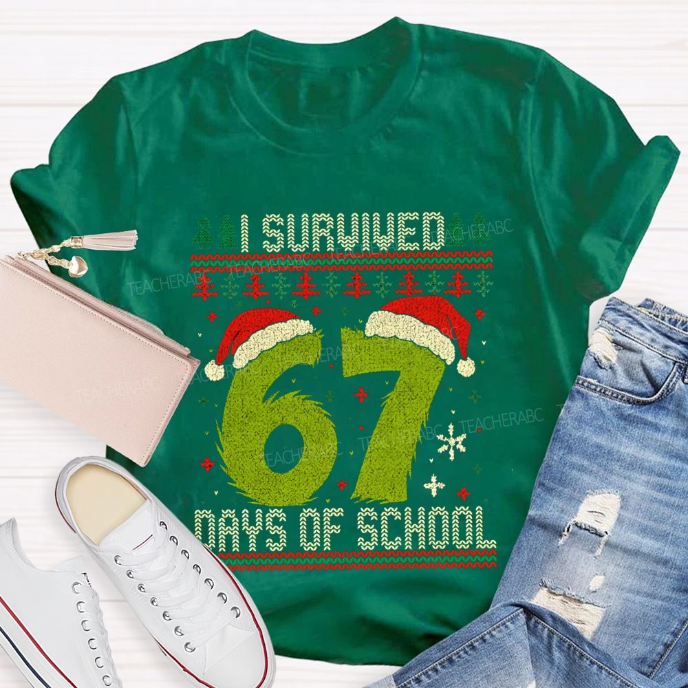 I Survived  67 Days Of School Santa Hats And Christmas Trees T-shirt