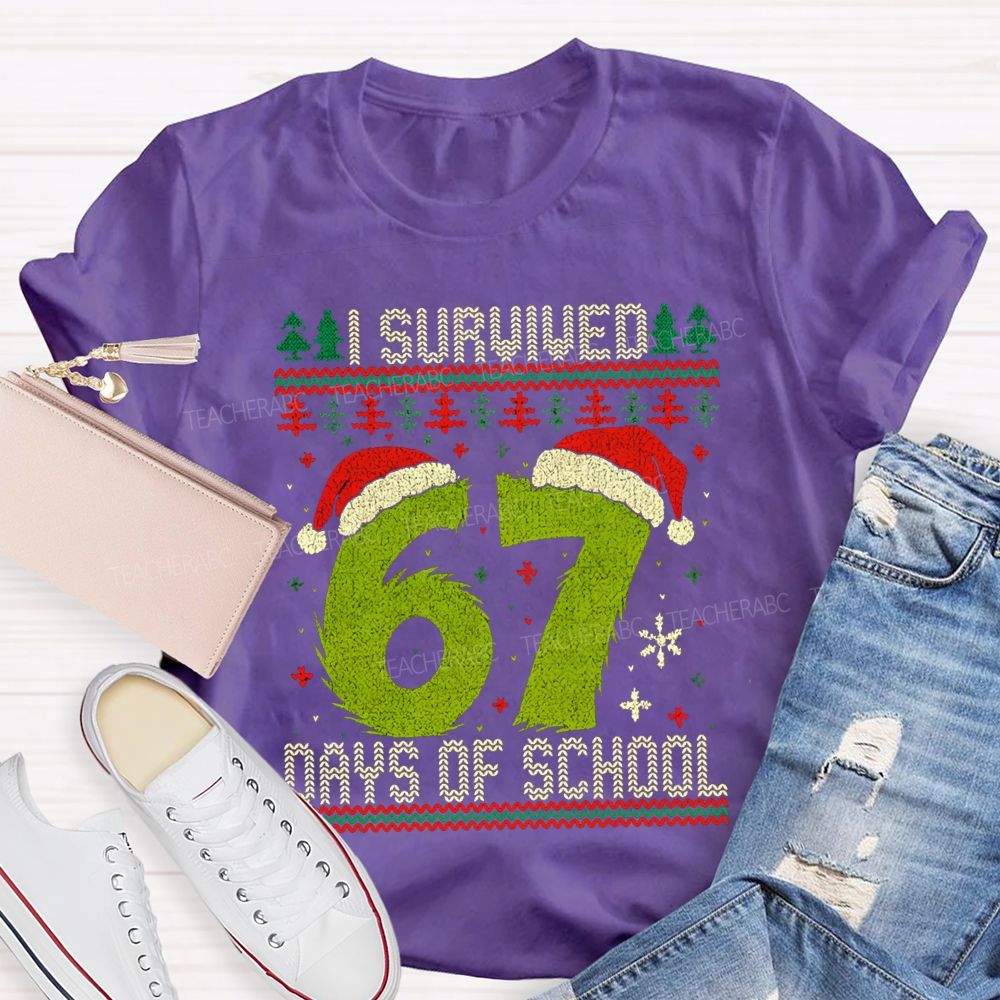 I Survived  67 Days Of School Santa Hats And Christmas Trees T-shirt