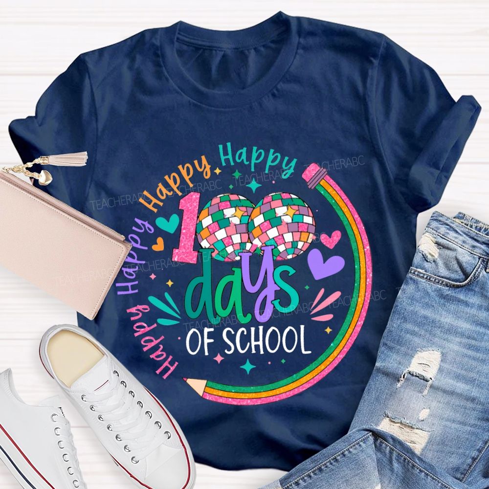 100 Days Of School Happy Colorful Hearts And Fonts T-shirt