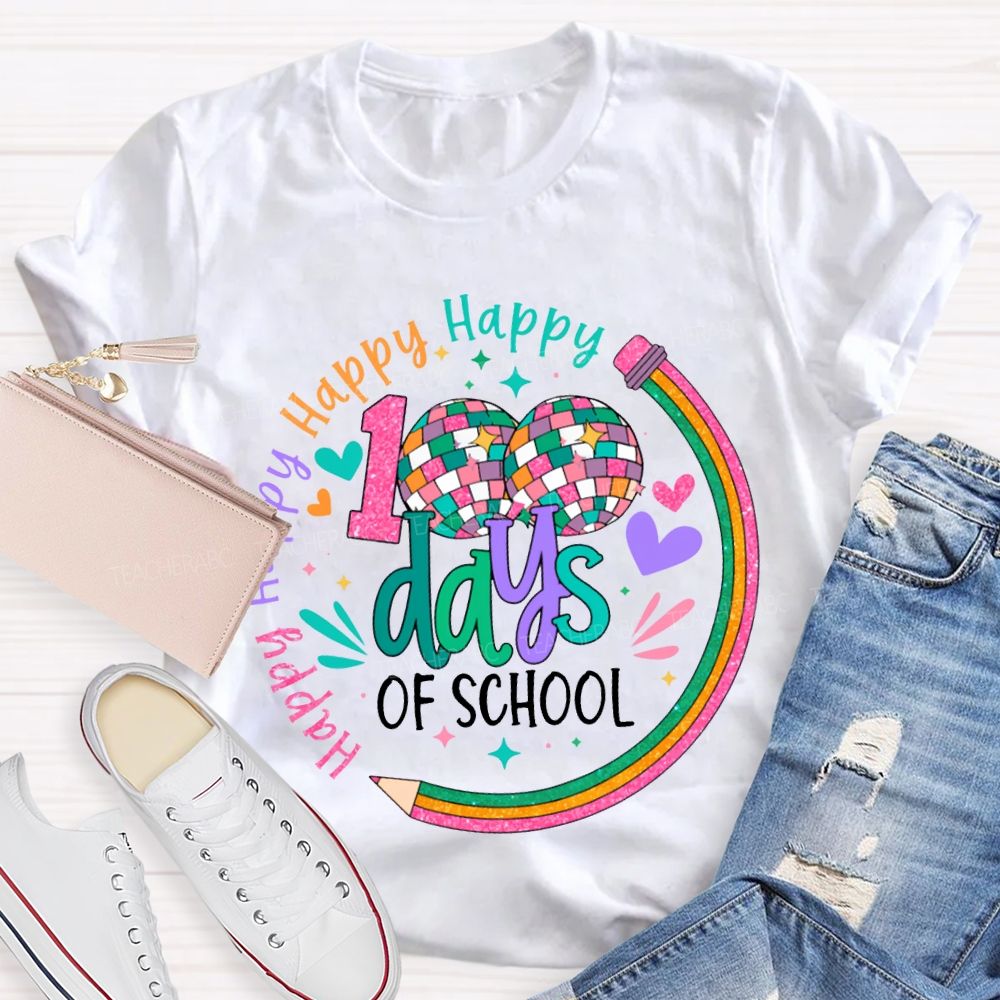 100 Days Of School Happy Colorful Hearts And Fonts T-shirt