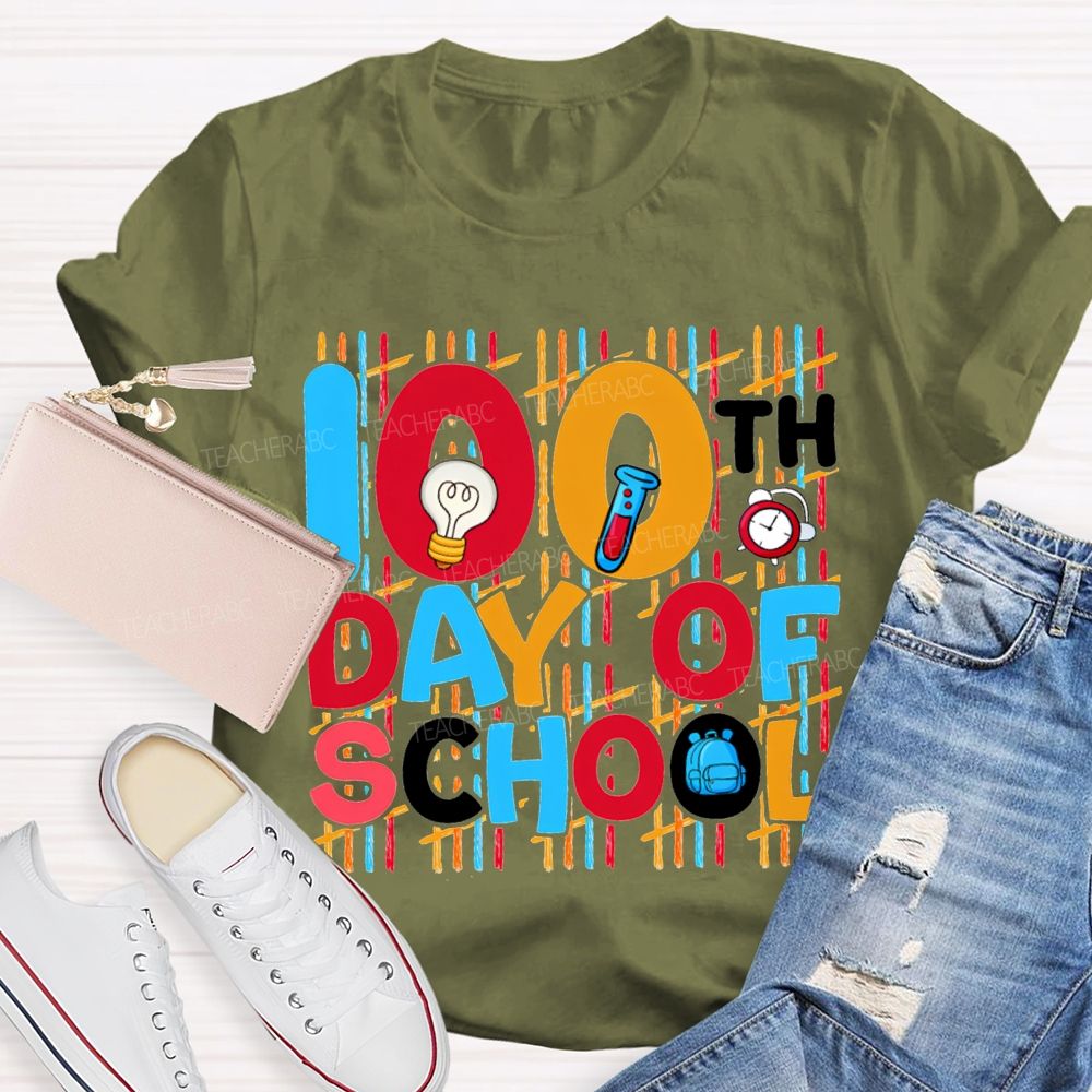 100th Day Of School Science Teacher Colored Lettering Print T-shirt