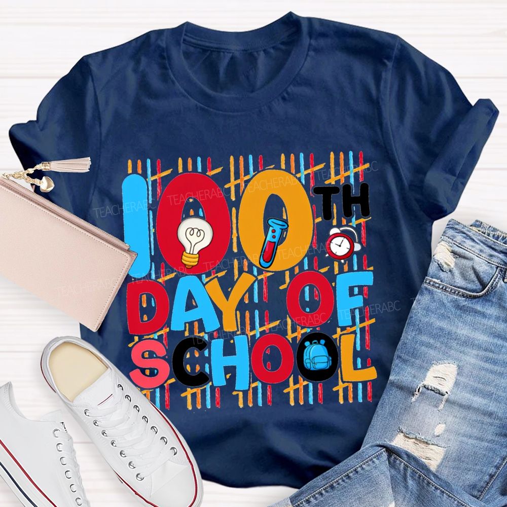 100th Day Of School Science Teacher Colored Lettering Print T-shirt