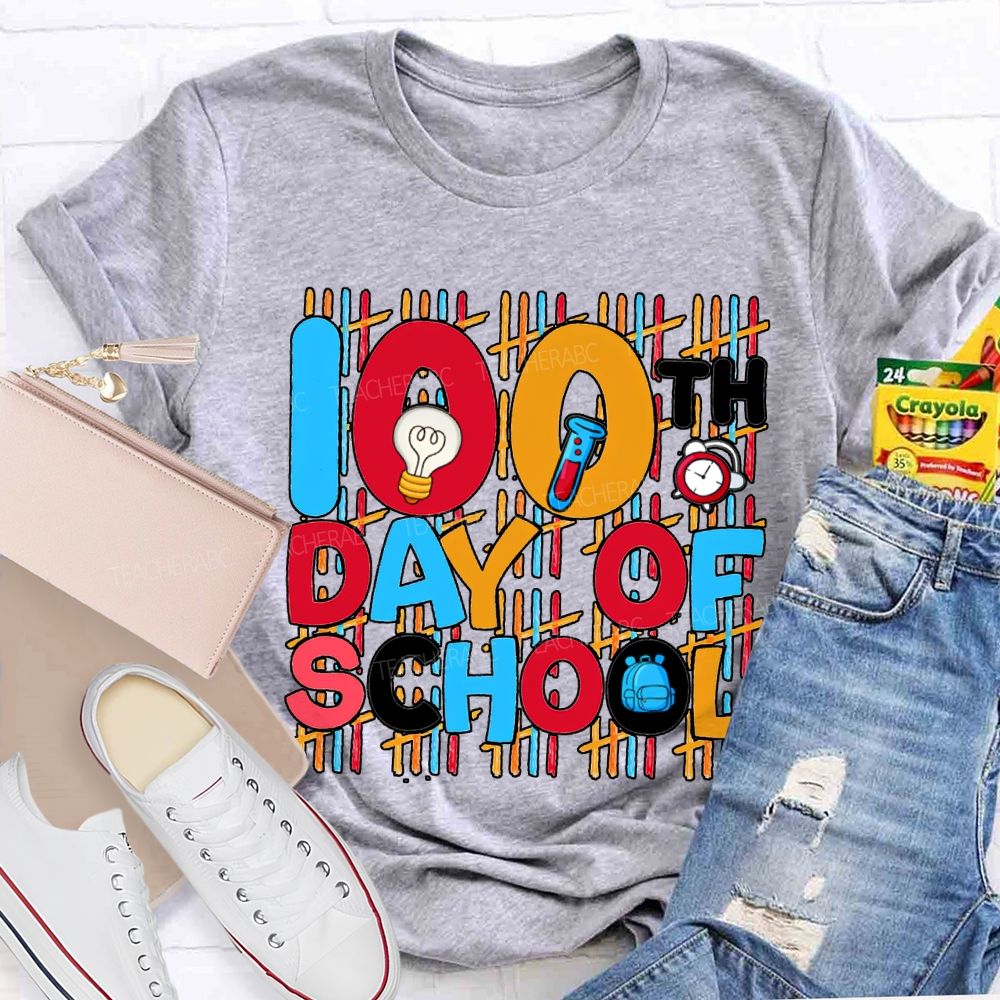 100th Day Of School Science Teacher Colored Lettering Print T-shirt