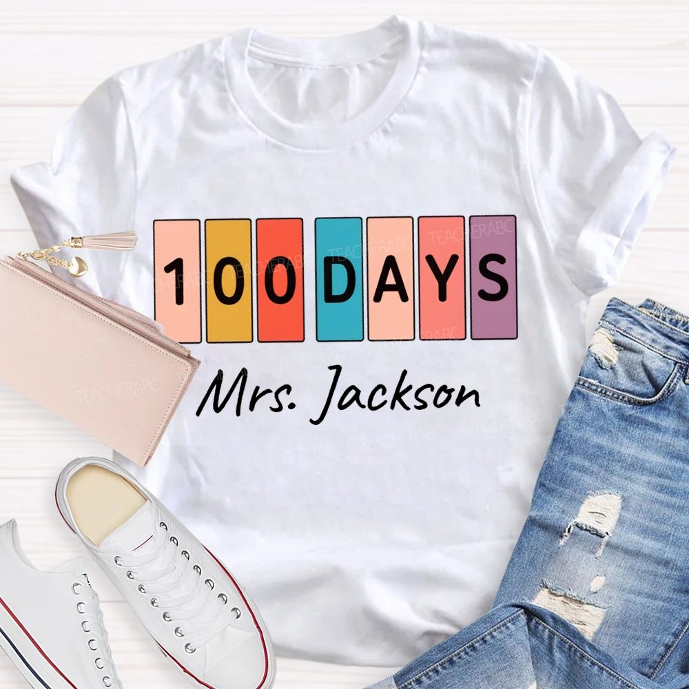 Personalized Name 100 Days Color Patchwork Print T-shirt