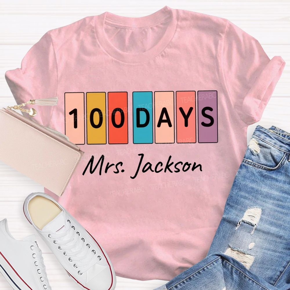 Personalized Name 100 Days Color Patchwork Print T-shirt