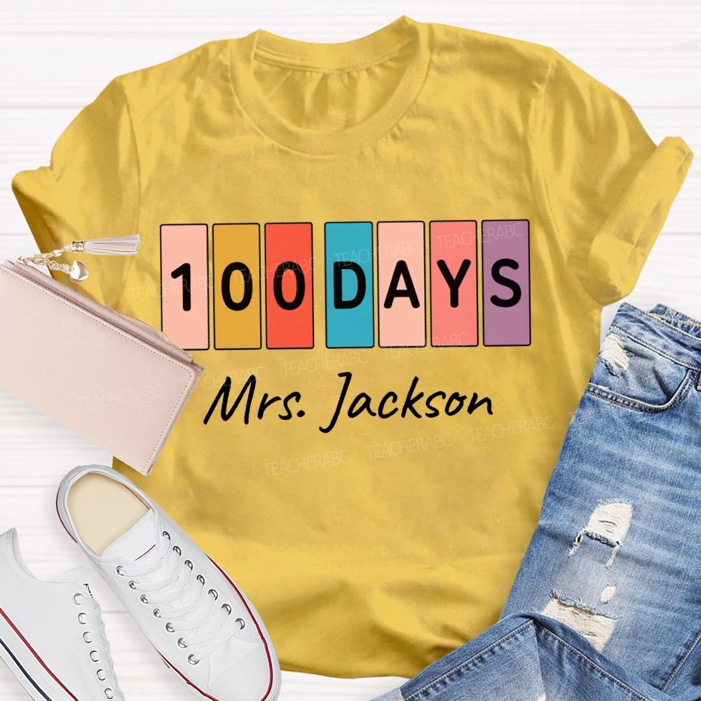 Personalized Name 100 Days Color Patchwork Print T-shirt