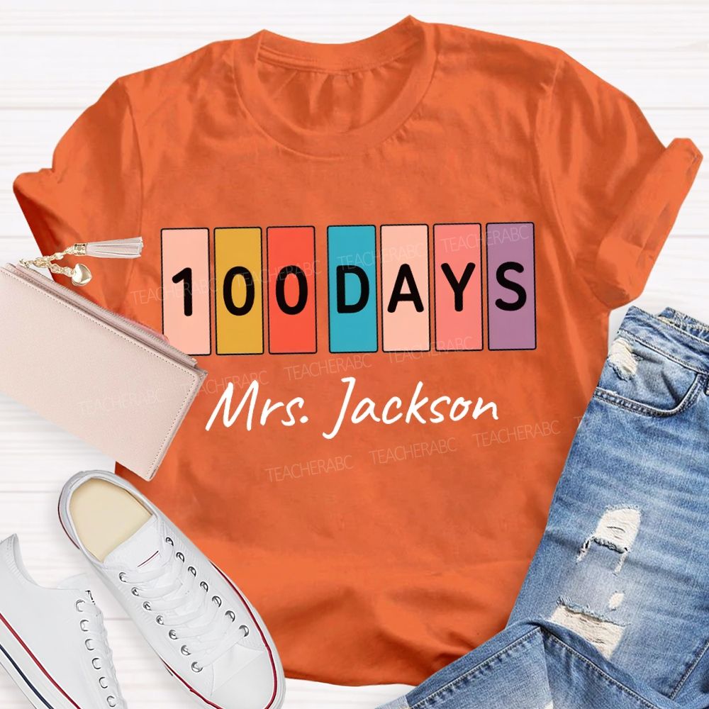 Personalized Name 100 Days Color Patchwork Print T-shirt