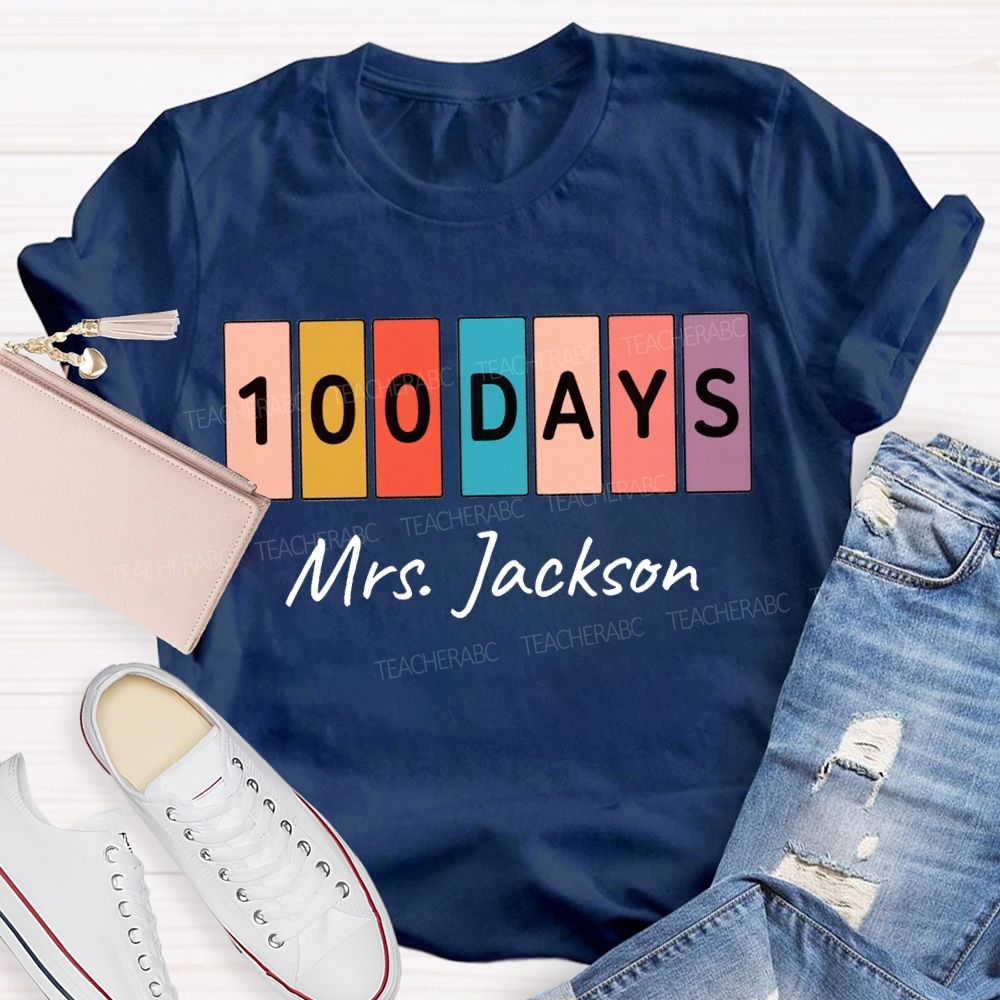 Personalized Name 100 Days Color Patchwork Print T-shirt