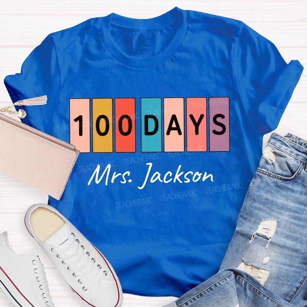 Personalized Name 100 Days Color Patchwork Print T-shirt