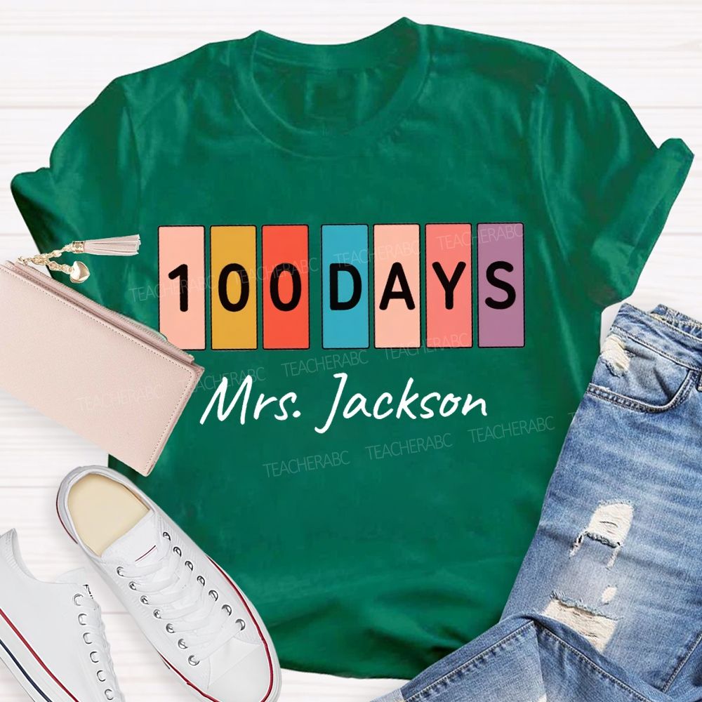 Personalized Name 100 Days Color Patchwork Print T-shirt