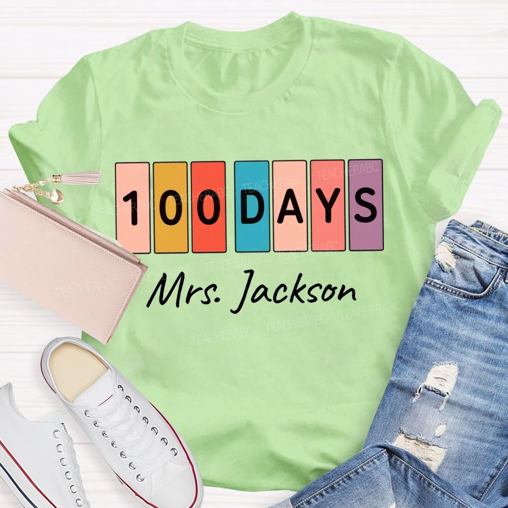 Personalized Name 100 Days Color Patchwork Print T-shirt