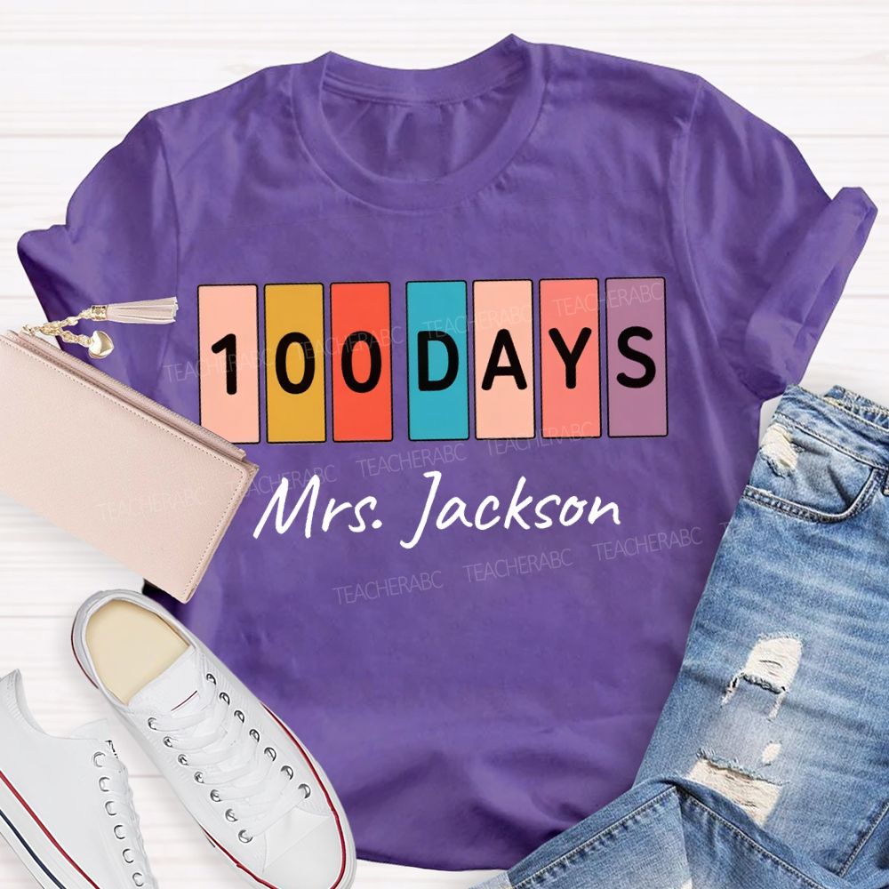 Personalized Name 100 Days Color Patchwork Print T-shirt