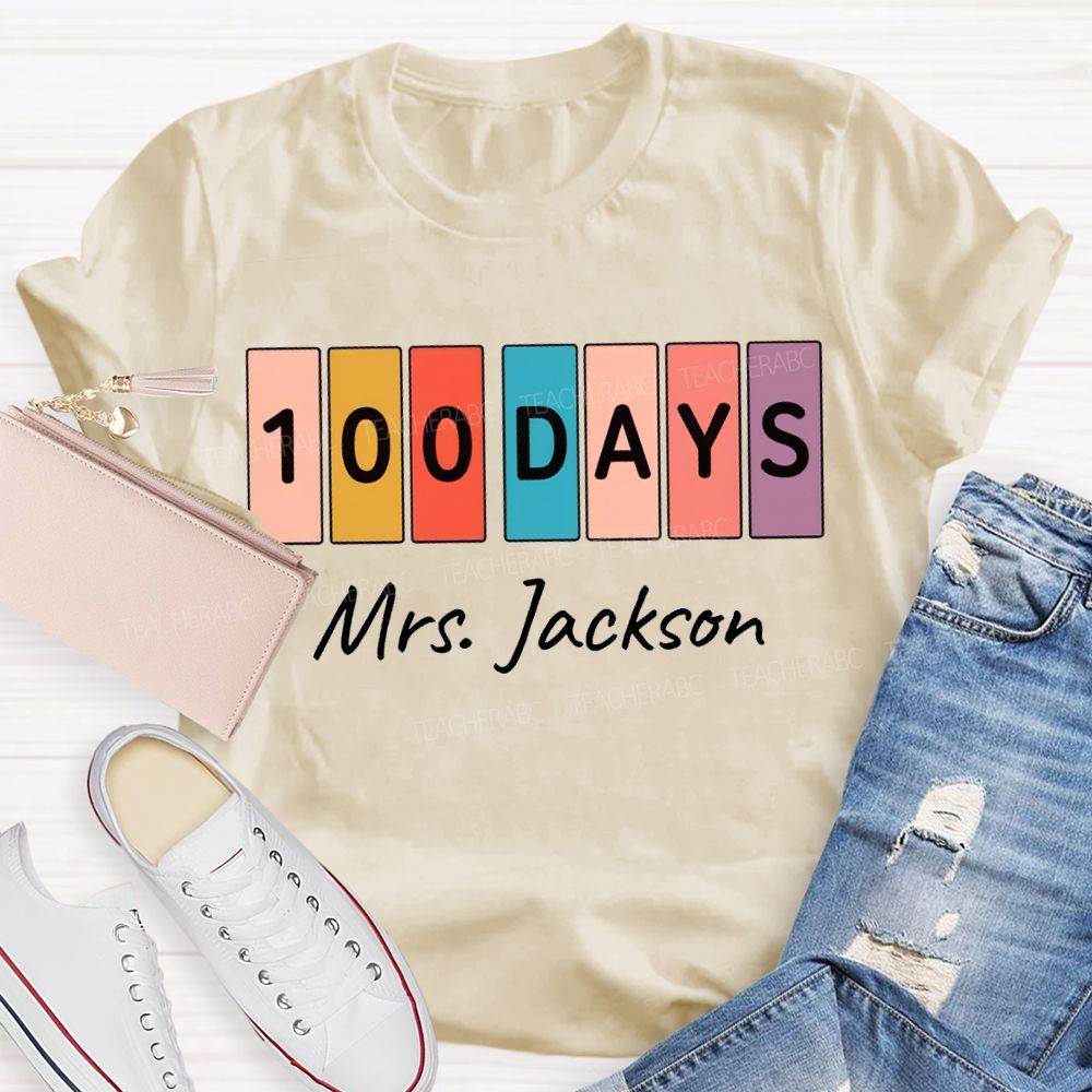 Personalized Name 100 Days Color Patchwork Print T-shirt