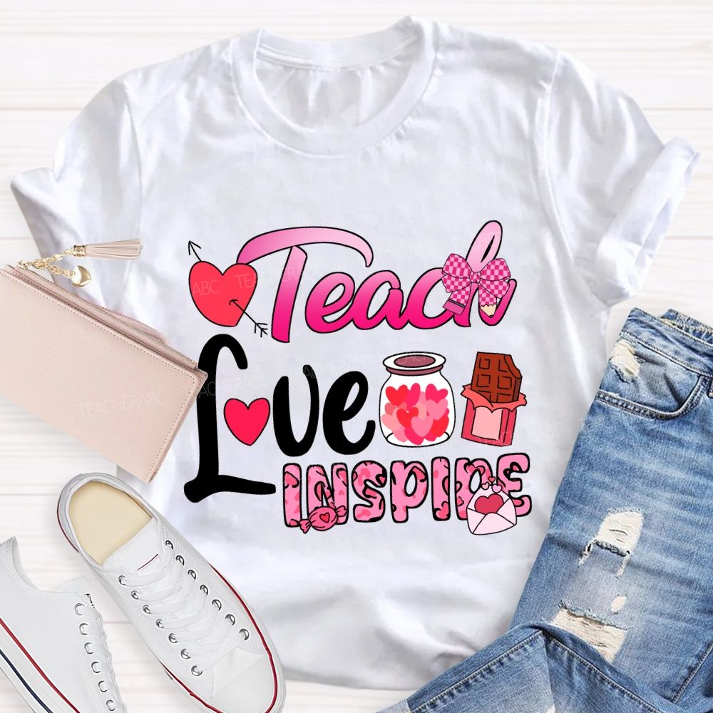 Teach Love Inspire Pink Heart Valentine'S Day T-Shirt