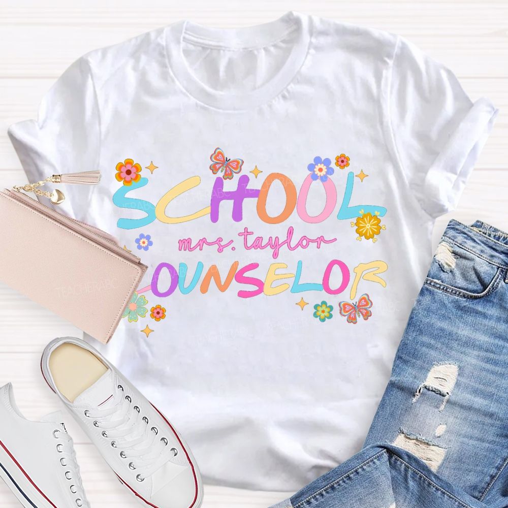 Personalized Name School Counselor Flower And Butterfly Print T-shirt