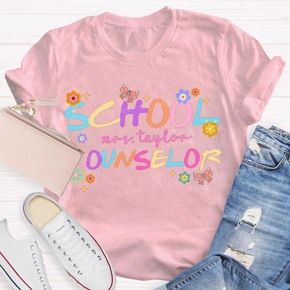 Personalized Name School Counselor Flower And Butterfly Print T-shirt