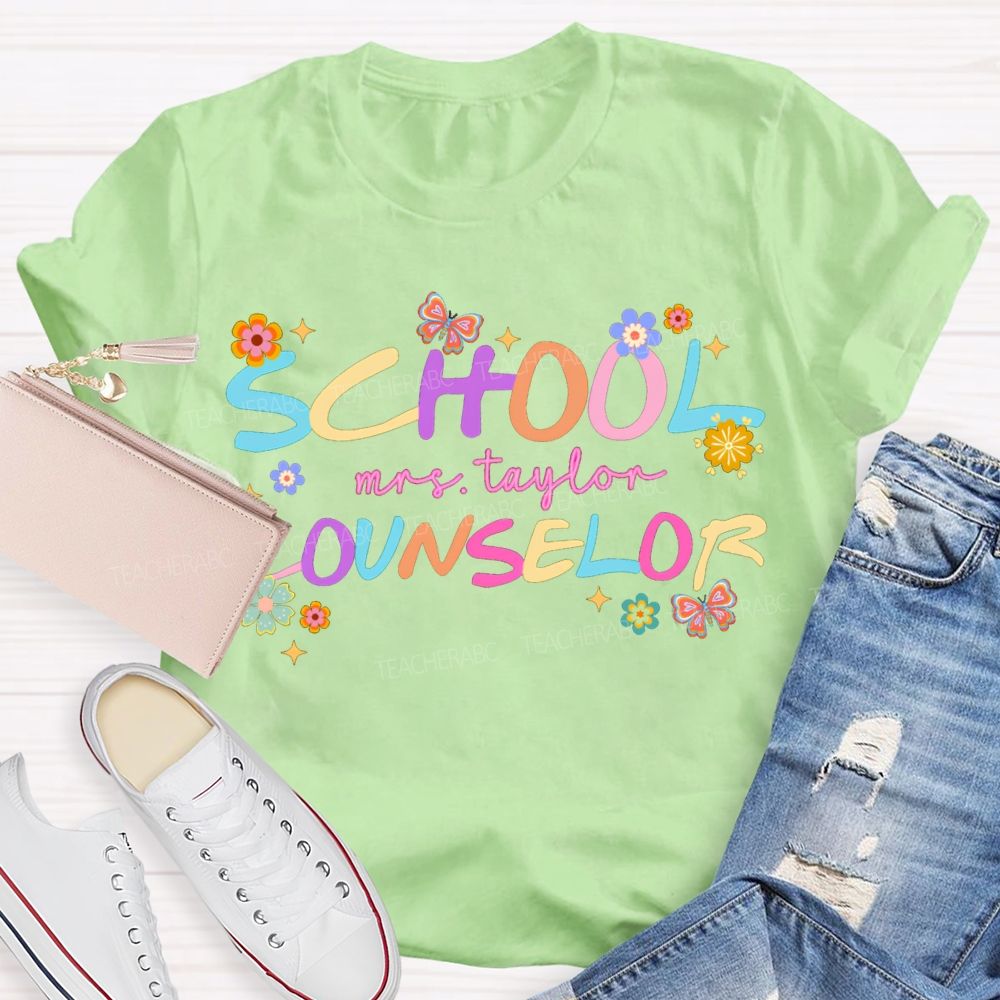 Personalized Name School Counselor Flower And Butterfly Print T-shirt