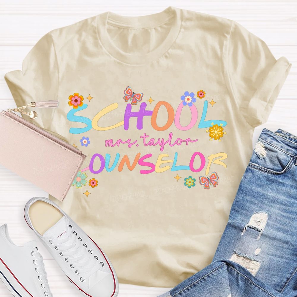 Personalized Name School Counselor Flower And Butterfly Print T-shirt