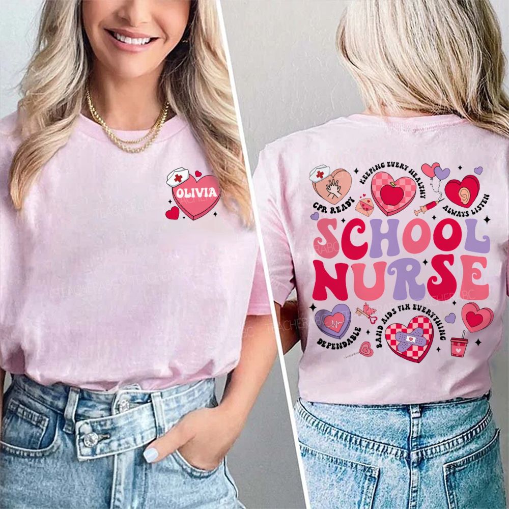 Personalized Name School Nurse Pink Heart Print Double Printed T-shirt
