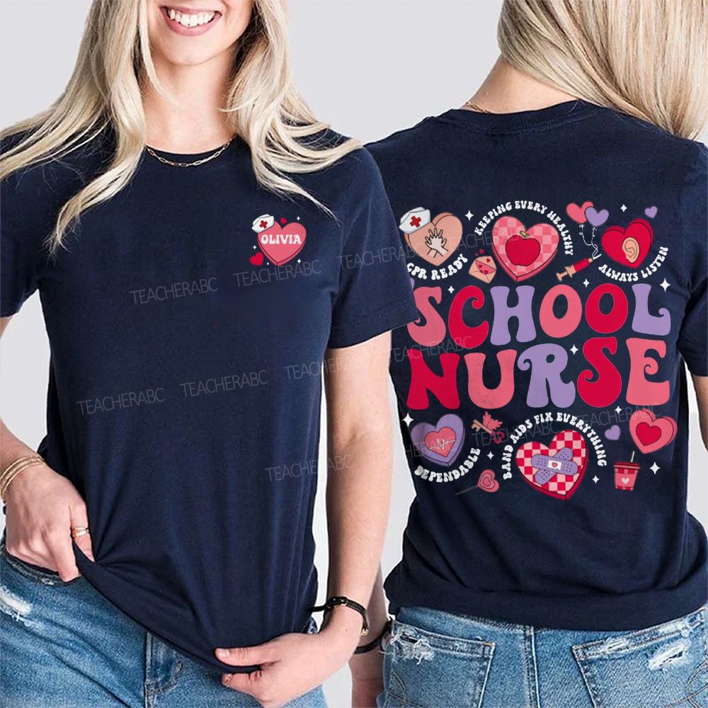 Personalized Name School Nurse Pink Heart Print Double Printed T-shirt