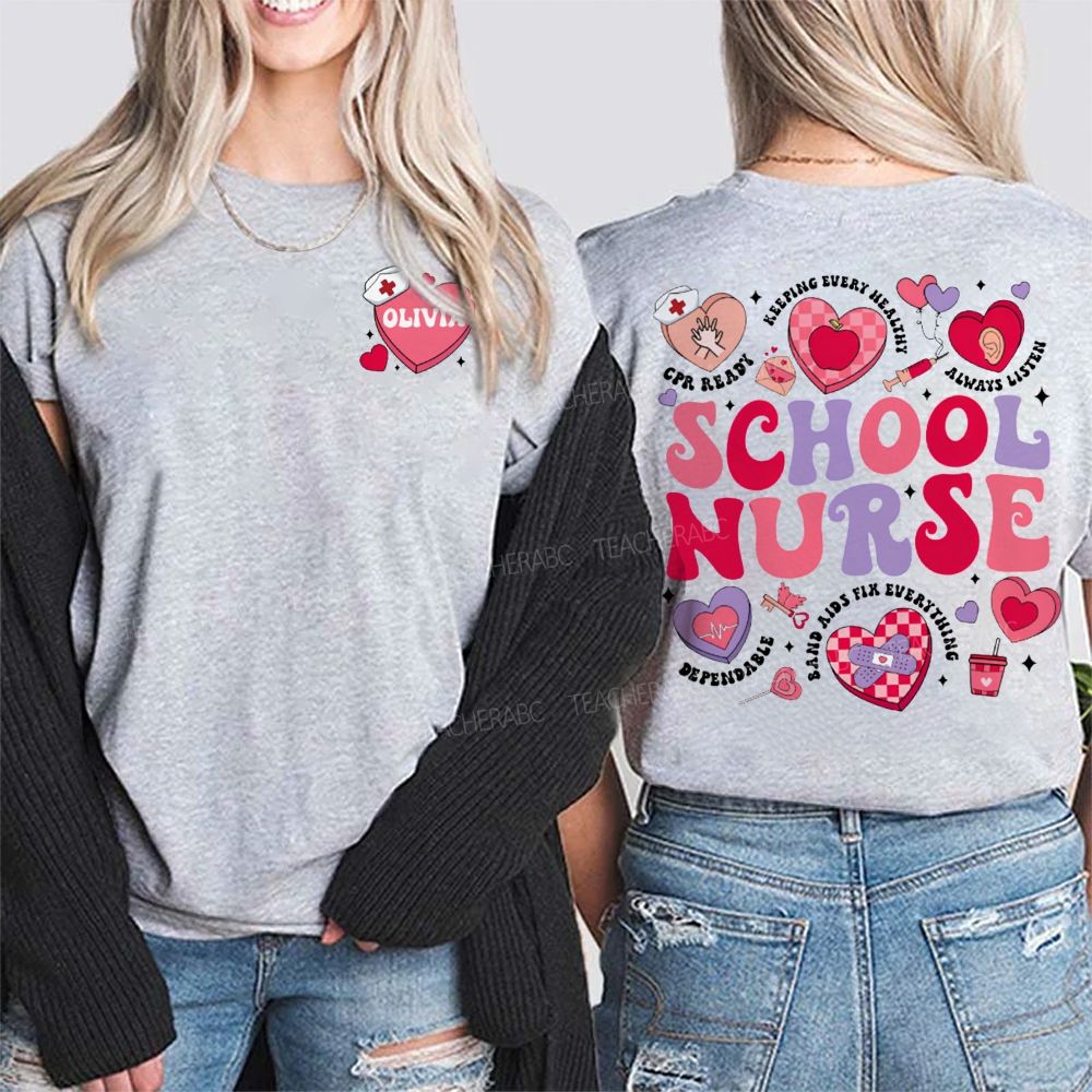 Personalized Name School Nurse Pink Heart Print Double Printed T-shirt