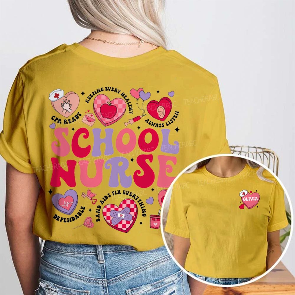 Personalized Name School Nurse Pink Heart Print Double Printed T-shirt