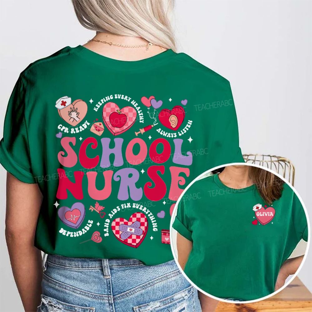 Personalized Name School Nurse Pink Heart Print Double Printed T-shirt