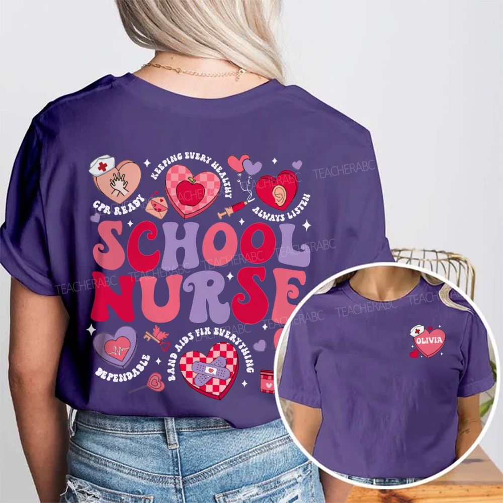 Personalized Name School Nurse Pink Heart Print Double Printed T-shirt