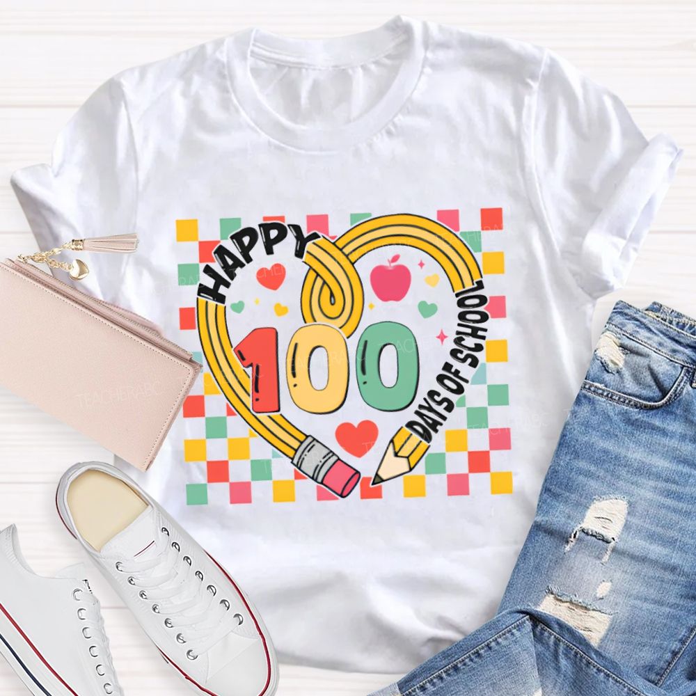 Happy 100 Days Of School Colorful Checkered Print T-shirt