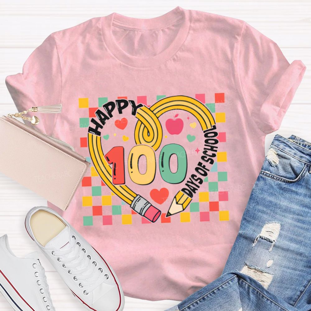 Happy 100 Days Of School Colorful Checkered Print T-shirt