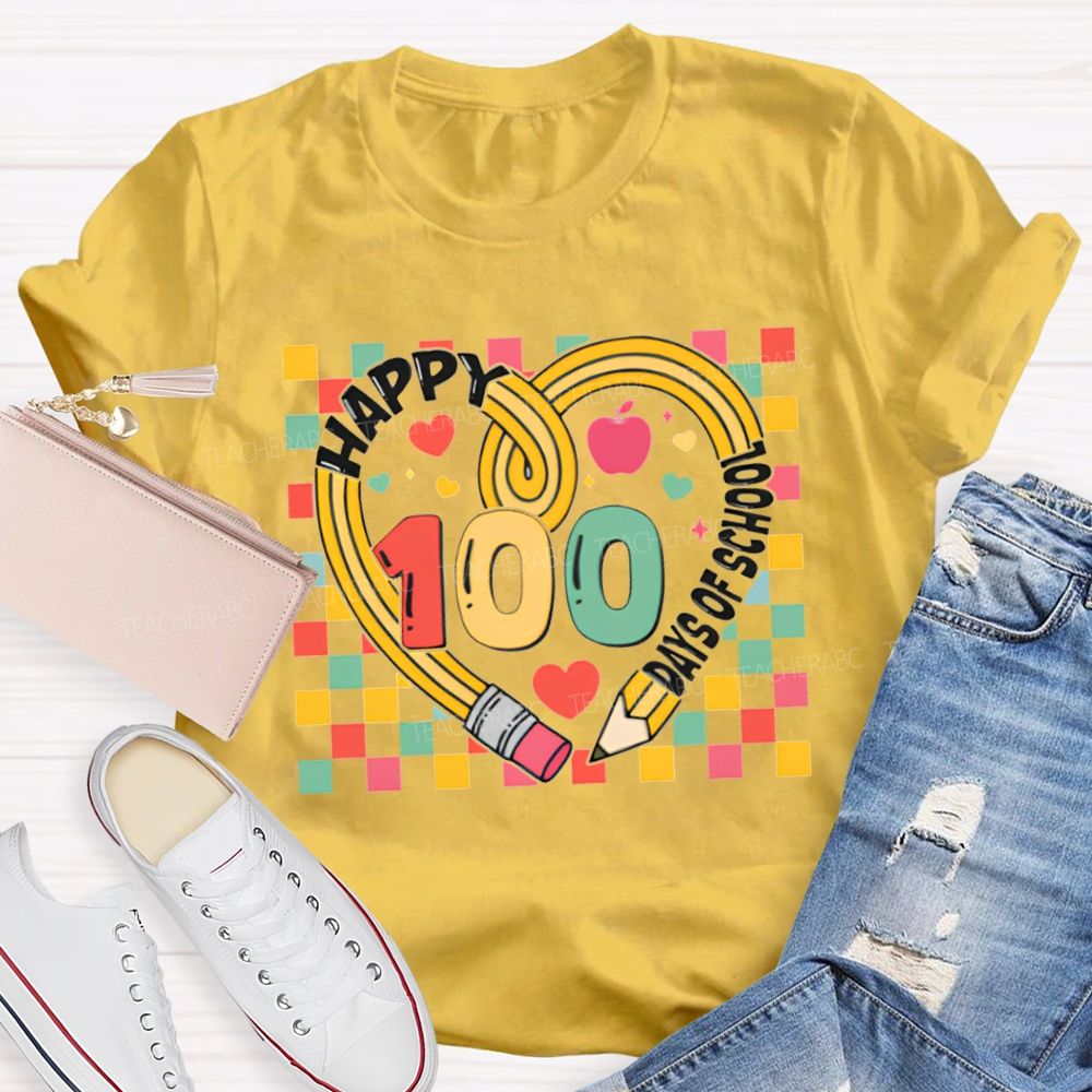 Happy 100 Days Of School Colorful Checkered Print T-shirt