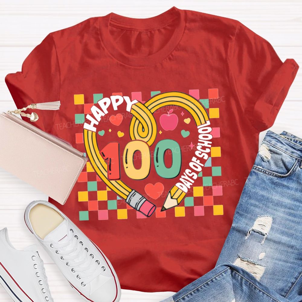 Happy 100 Days Of School Colorful Checkered Print T-shirt