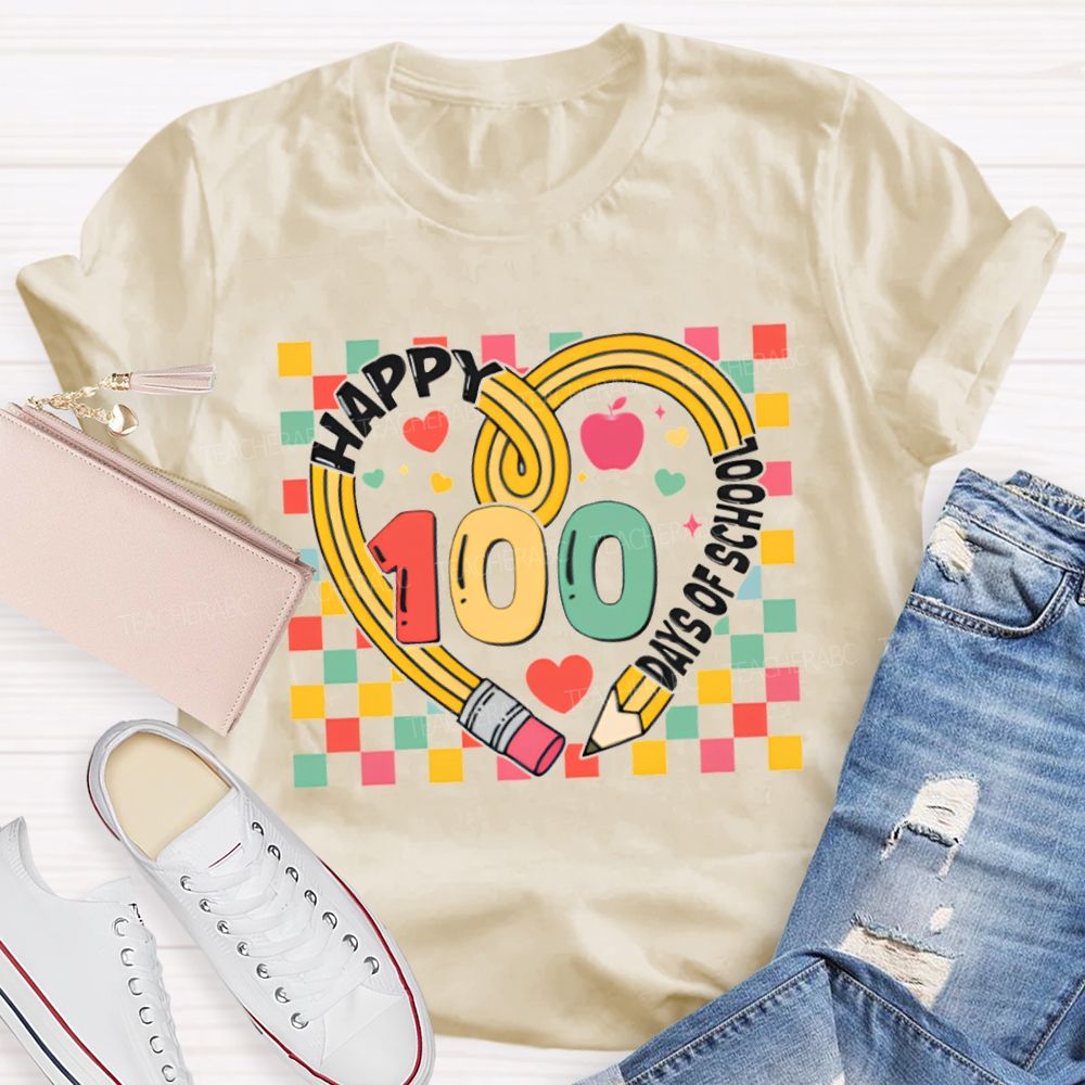 Happy 100 Days Of School Colorful Checkered Print T-shirt