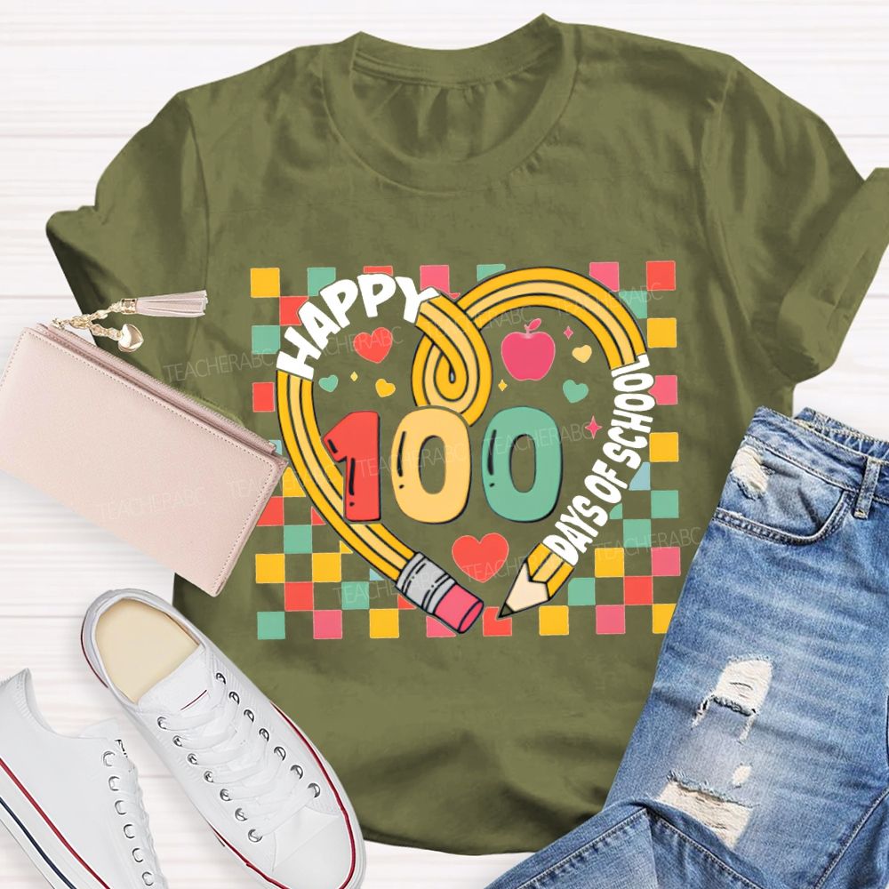Happy 100 Days Of School Colorful Checkered Print T-shirt