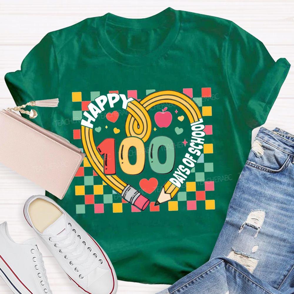 Happy 100 Days Of School Colorful Checkered Print T-shirt