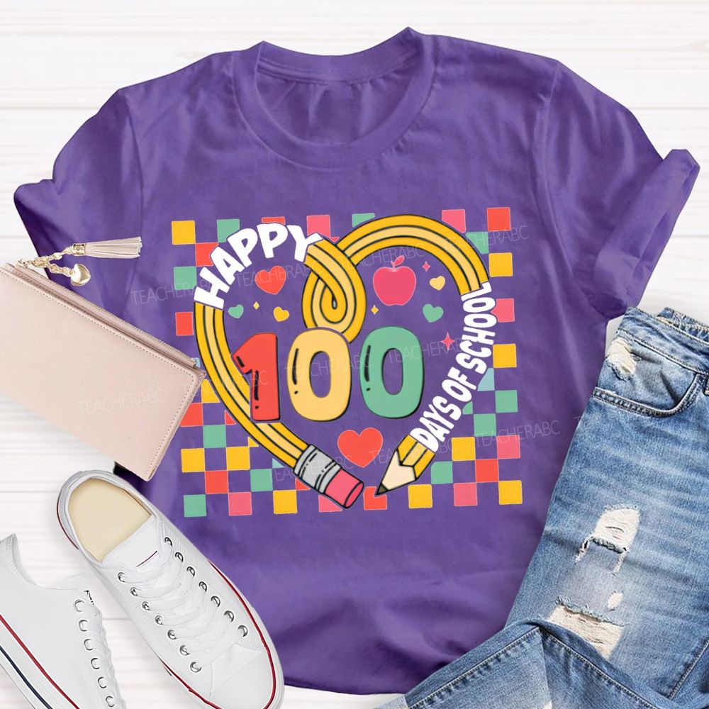 Happy 100 Days Of School Colorful Checkered Print T-shirt